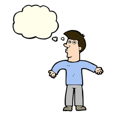 cartoon man shrugging shoulders with thought bubble