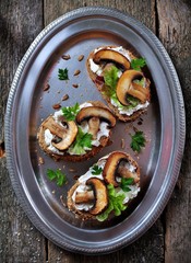 sandwich with goat cheese, roasted mushrooms and lettuce on an iron tray. rustic style