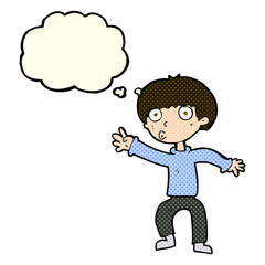 cartoon boy waving warning with thought bubble