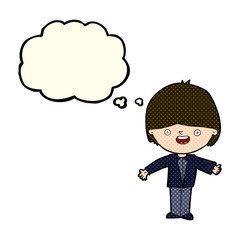 cartoon happy boy with open arms with thought bubble