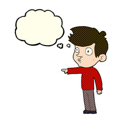 cartoon pointing boy with thought bubble