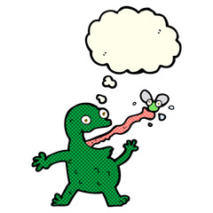 cartoon frog catching fly with thought bubble