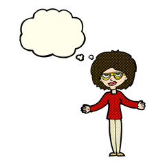 cartoon woman wearing spectacles with thought bubble
