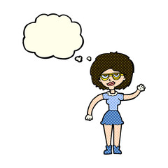cartoon waving woman wearing spectacles with thought bubble