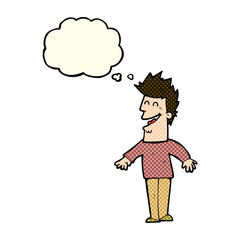 cartoon happy man with thought bubble