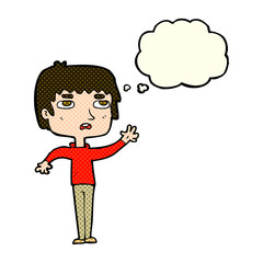 cartoon unhappy boy waving with thought bubble