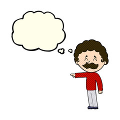cartoon man with mustache pointing with thought bubble