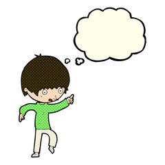 cartoon worried boy pointing with thought bubble