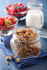 homemade healthy granola in glass jar and berries