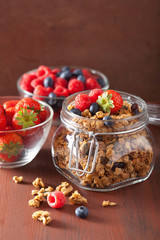 homemade healthy granola in glass jar and berries