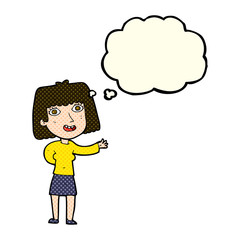 cartoon friendly woman waving with thought bubble