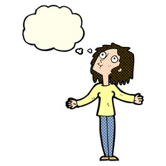 cartoon curious woman looking upwards with thought bubble