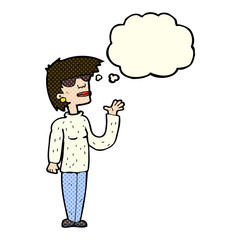 cartoon woman wearing spectacles with thought bubble