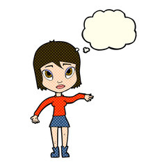 cartoon woman waving hand with thought bubble