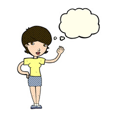 cartoon woman waving with thought bubble