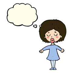 cartoon woman in dress with thought bubble