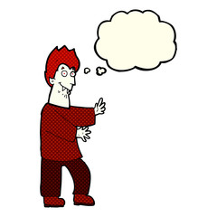 cartoon vampire waving hands with thought bubble