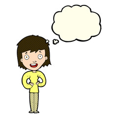 cartoon happy woman with thought bubble