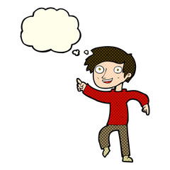 cartoon happy boy pointing with thought bubble