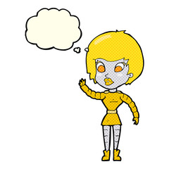 cartoon robot woman waving with thought bubble