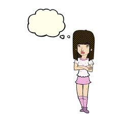 cartoon girl with crossed arms with thought bubble