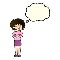 cartoon woman wit crossed arms with thought bubble