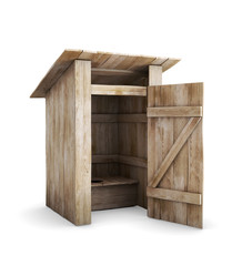 Wooden toilet with the door open