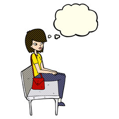 cartoon woman sitting on bench with thought bubble