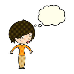 cartoon woman shrugging with thought bubble