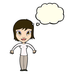 cartoon woman shrugging shoulders with thought bubble