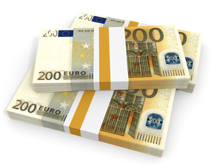 Two hundred euro banknotes background. 3D illustration.