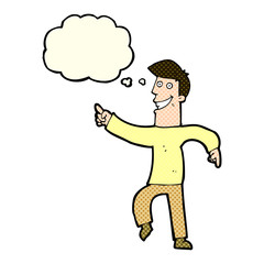 cartoon grinning man with thought bubble