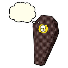 spooky cartoon coffin with thought bubble