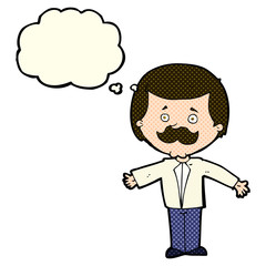 cartoon mustache man with open arms with thought bubble