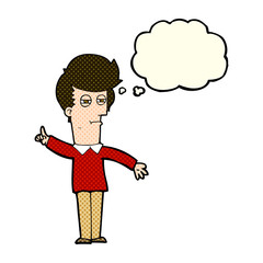 cartoon man narrowing eyes with thought bubble