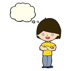 cartoon man with crossed arms with thought bubble