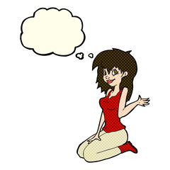 cartoon pretty girl waving with thought bubble