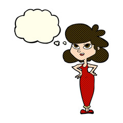 cartoon girl with hands on hips with thought bubble