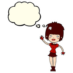 cartoon waving vampire girl with thought bubble