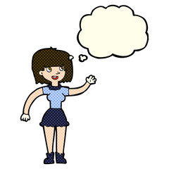 cartoon girl waving with thought bubble