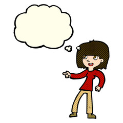 Obraz premium cartoon girl pointing with thought bubble
