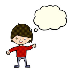 cartoon waving boy with thought bubble