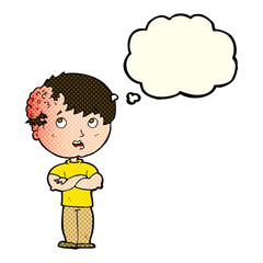cartoon boy with growth on head with thought bubble