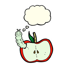 cartoon apple with bug with thought bubble