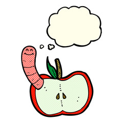 cartoon apple with worm with thought bubble