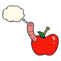cartoon apple with worm with thought bubble