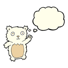cartoon waving polar bear cub with thought bubble