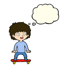 cartoon boy on skateboard with thought bubble