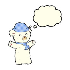 cartoon cute polar bear in hat and scarf with thought bubble
