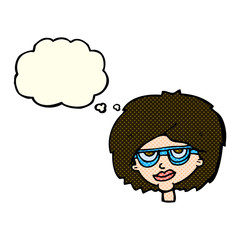 cartoon woman wearing spectacles with thought bubble